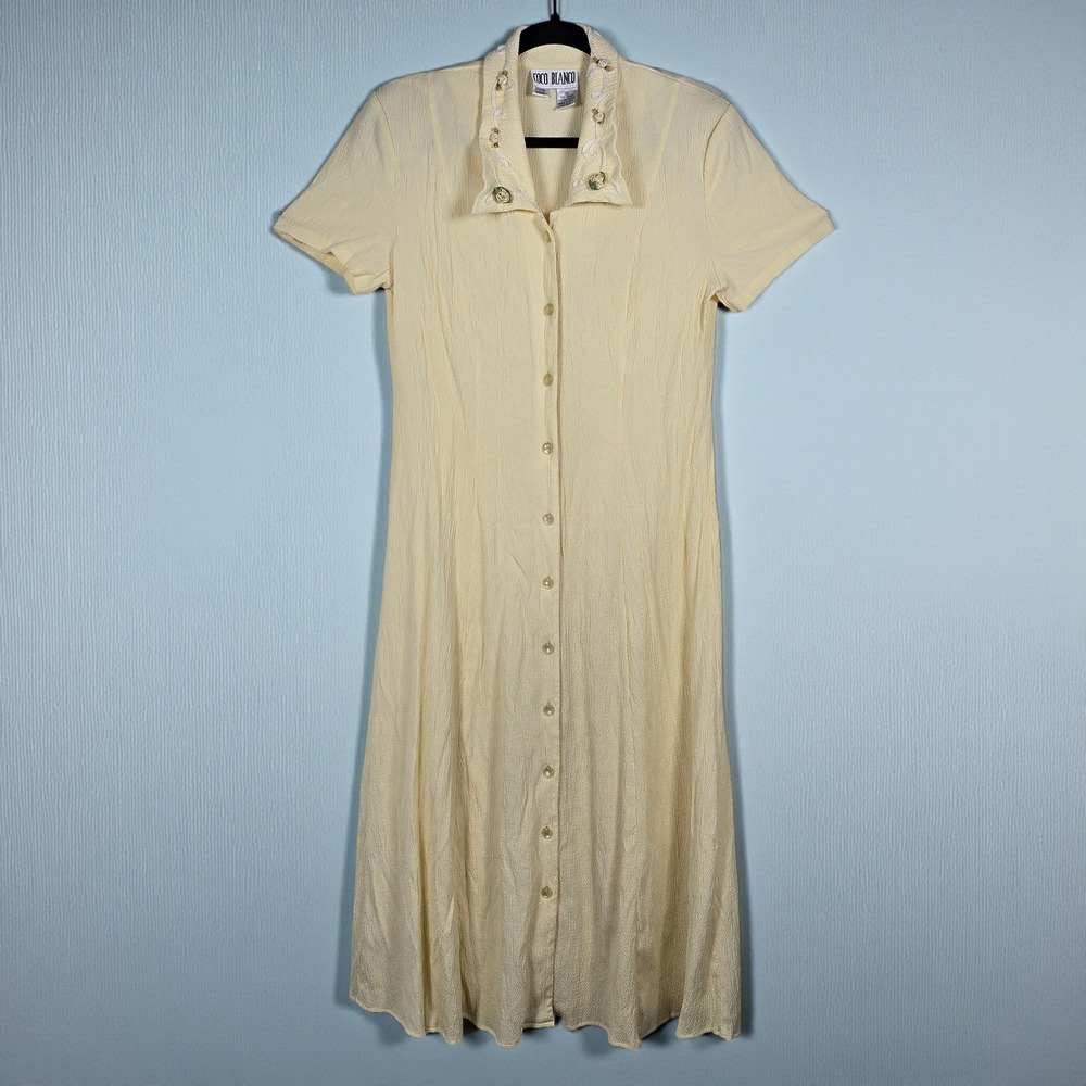Coco Blanco Vintage Long Dress Woman 10‎ Yellow Button Front Embellished Collar